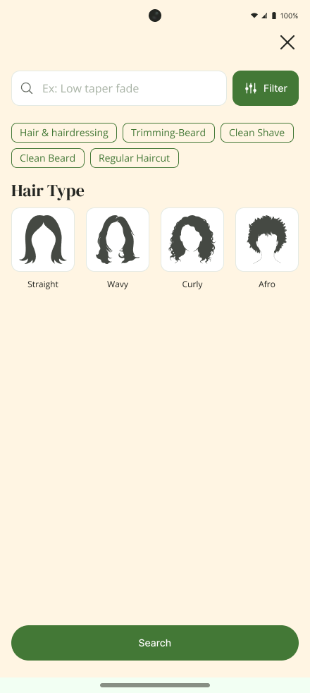 Customer typing ‘low taper fade’ in search bar.